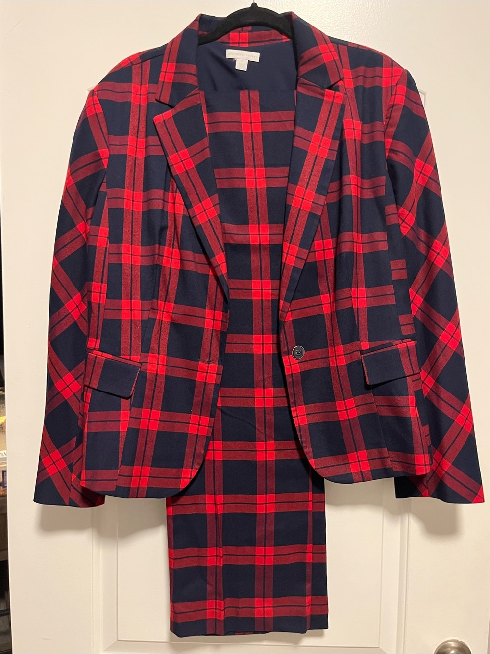 New York & Company Red and Navy Plaid Blazer